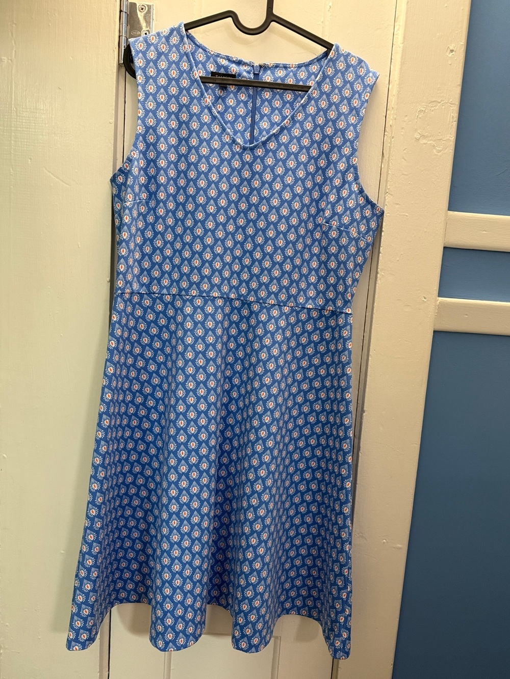 Talbots Blue Sleeveless A-Line Dress with Geometric Print
